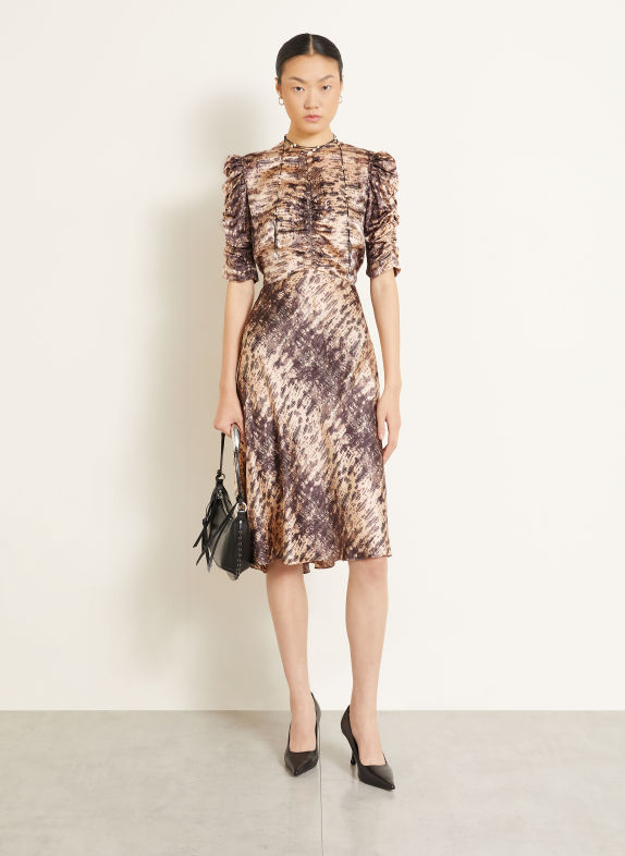 ISABEL MARANT Robe de cocktail LEMILA en soie à manches 3/4 BEIGE / TAUPE