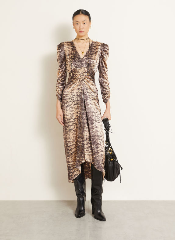 ISABEL MARANT Robe en satin ALBINI en soie à manches 3/4 BEIGE / TAUPE