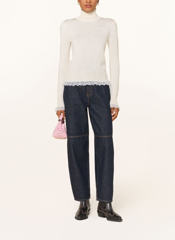 GANNI Mерino wool Turtleneck sweater with lace CREAM / WHITE
