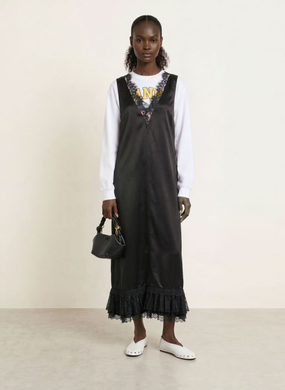GANNI Satin dress with lace and ruffles BLACK