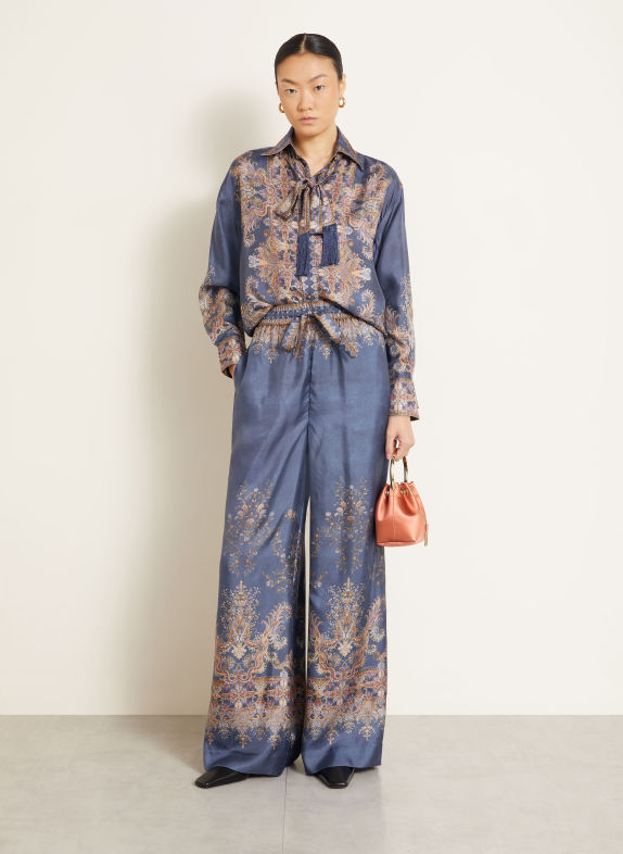 ZIMMERMANN VALIANT Silk Shirt Blouse with Detachable Bow Tie BLUE / DARK ORANGE / DARK YELLOW
