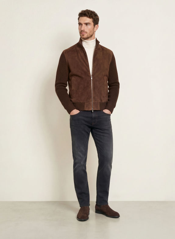 BOSS Lederblouson METER im Materialmix DUNKELBRAUN