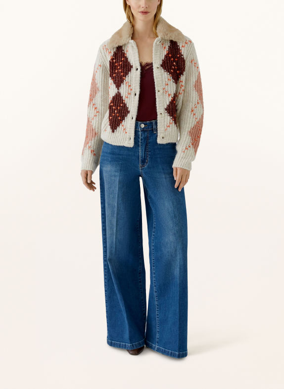Oui Cardigan with a detachable faux fur collar CREAM / DUSKY PINK / DARK RED