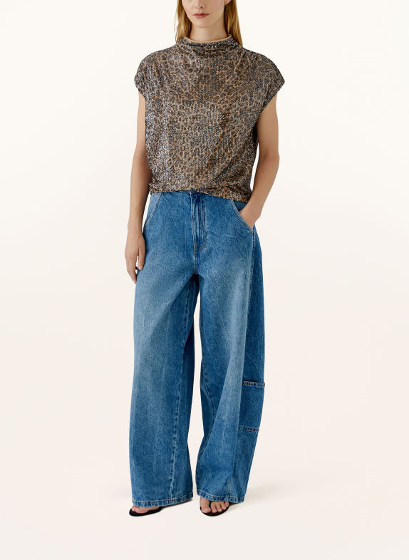 Oui Shirt blouse with sequins CAMEL / DARK GRAY