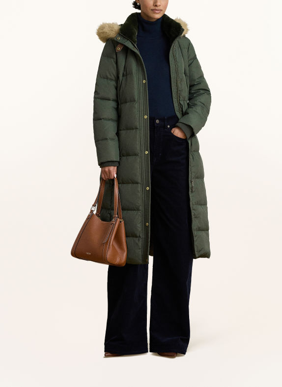LAUREN RALPH LAUREN Péřový kabát s odnímatelnou kapucí a umělou kožešinou KHAKI / VELBLOUDÍ