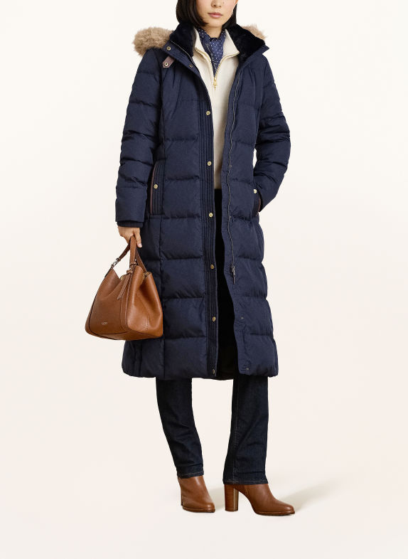 LAUREN RALPH LAUREN Péřový kabát s odnímatelnou kapucí a umělou kožešinou TMAVĚ MODRÁ