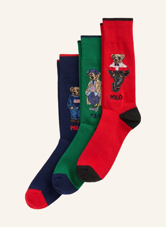 POLO RALPH LAUREN Lot de 3 paires de chaussettes avec coffret cadeau ROUGE / VERT / BLEU FONCÉ