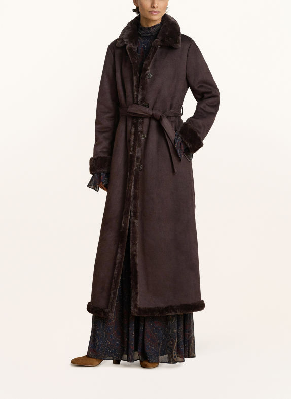 LAUREN RALPH LAUREN Leather-look coat with faux fur DARK BROWN