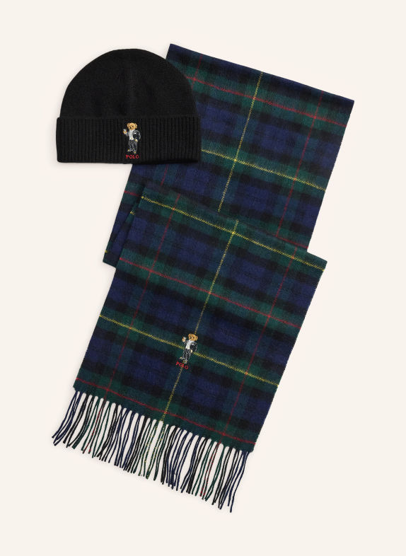 POLO RALPH LAUREN Sada: Čepice a šála z kašmíru TMAVĚ MODRÁ / TMAVĚ ZELENÁ / ČERNÁ