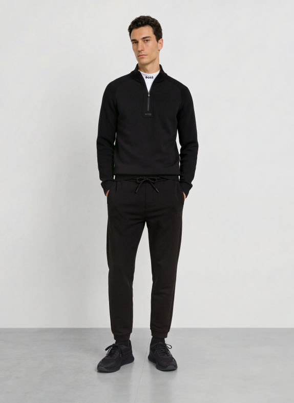 BOSS Sweter typu troyer TEDDY z mieszanki materiałów CZARNY / CZIEMNOSZARY