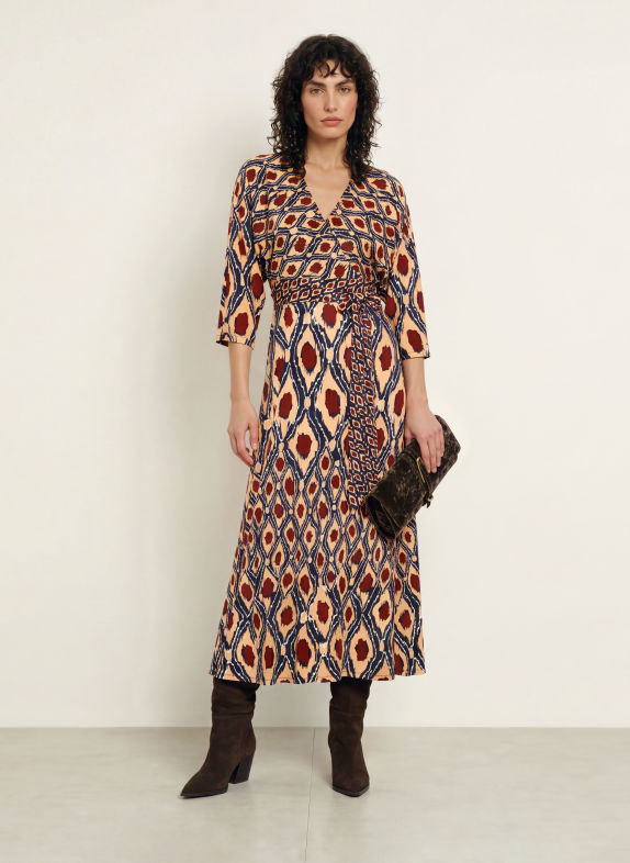DIANE VON FURSTENBERG Šaty IVARA se zavinováním s 3/4 rukávy BÉŽOVÁ / HNĚDÁ / TMAVĚ MODRÁ