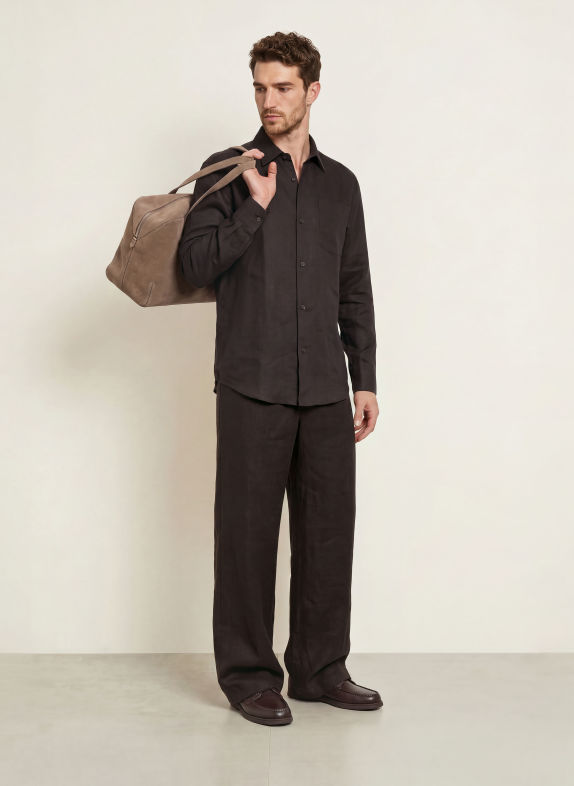 BOSS Linnen broek met regular fit in joggingstijl MARRON FONCÉ