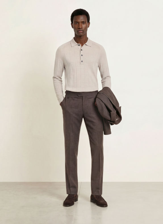 REISS GREYSON Knit polo shirt LIGHT BROWN