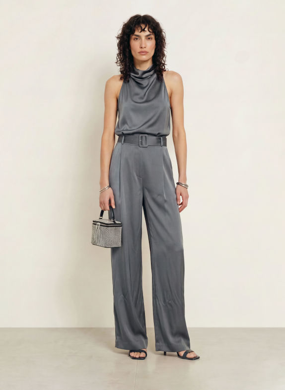 REISS ERICA Satin Jumpsuit DARK GRAY
