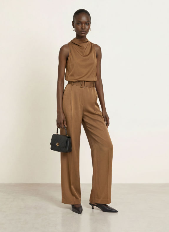 REISS ERICA Satin Jumpsuit KHAKI