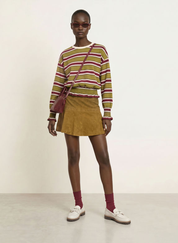 CLAUDIE PIERLOT Longsleeve mit Rüschen OLIV / DUNKELROT / WEISS