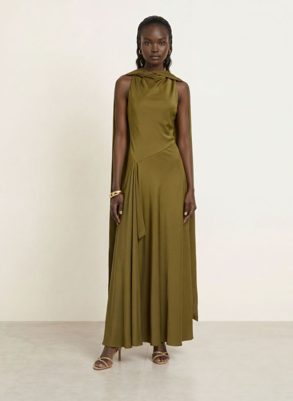 REISS SABINE satin evening dress OLIVE