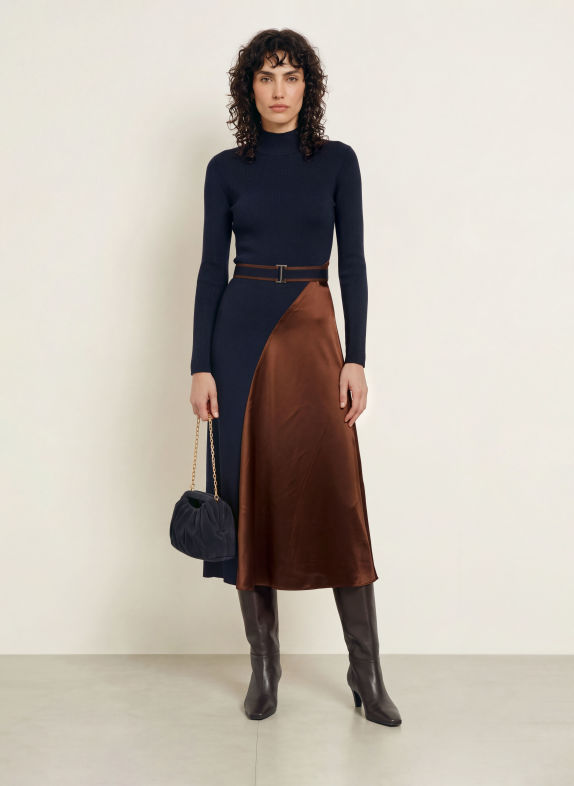 REISS MISTY Knit Dress in a mix of materials DARK BLUE / BROWN