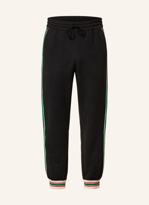 GUCCI Žakárové kalhoty GG v joggingovém stylu s galonovými pruhy ČERNÁ/ ZELENÁ/ ČERVENÁ