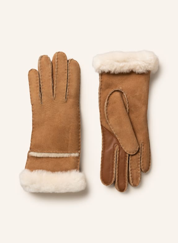 UGG SEAMED TECH leather gloves with real fur and touchscreen function LIGHT BROWN