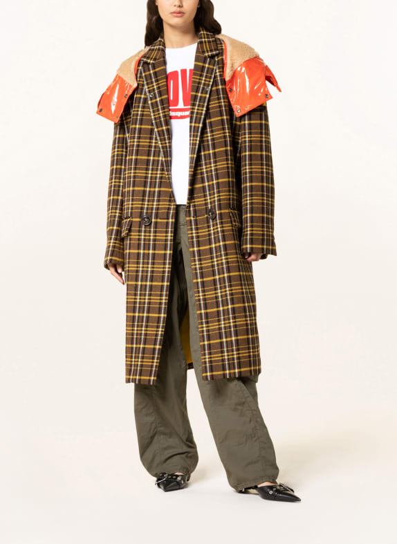 DSQUARED2 Coat with faux fur and removable hood BLACK/ BROWN/ YELLOW