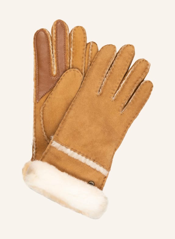 UGG SEAMED TECH leather gloves with real fur and touchscreen function CAMEL