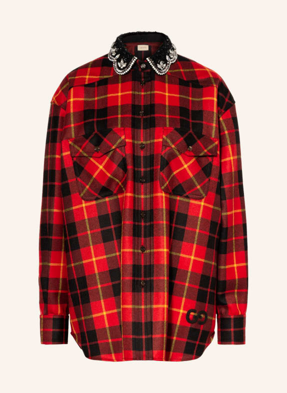 GUCCI Hemdbluse mit Schmucksteinen ROT/ SCHWARZ/ GELB