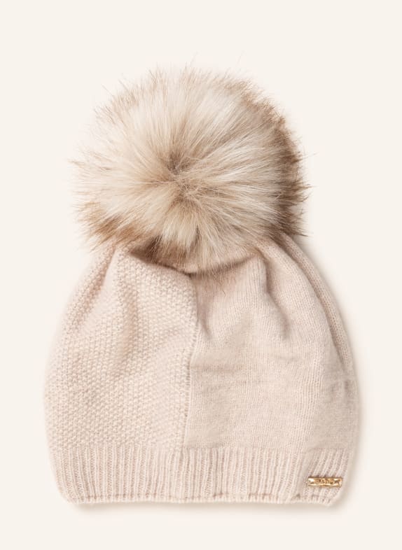 CAPO Cashmere-Mütze SPLIT mit Kunstpelzbommel BEIGE