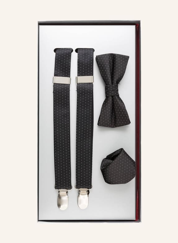 PAUL Zestaw: szelki, mucha i poszetka CZARNY / BIAŁY
