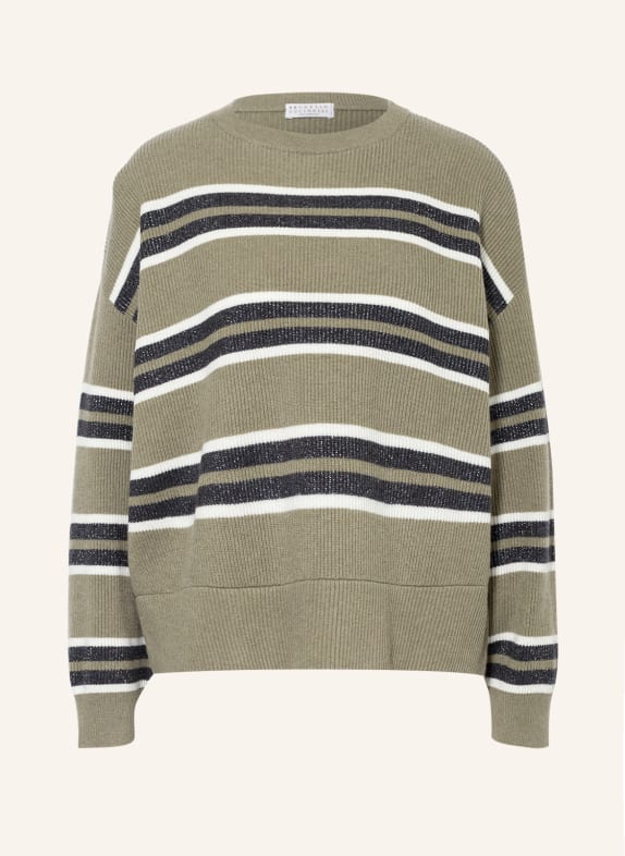 BRUNELLO CUCINELLI Sweater with cashmere and glitter thread OLIVE/ ECRU/ BLACK