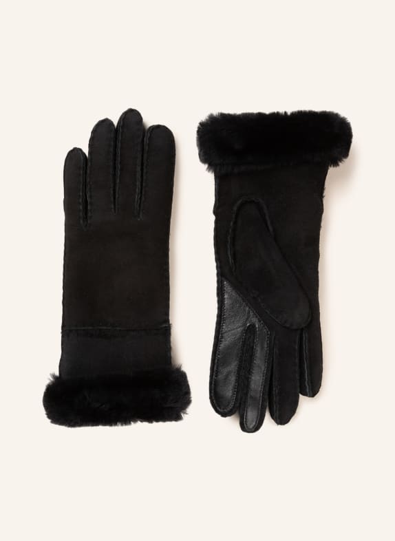 UGG SEAMED TECH leather gloves with real fur and touchscreen function BLACK