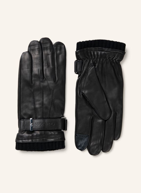 Calvin Klein Kožené rukavice s funkcí Touchscreen ČERNÁ