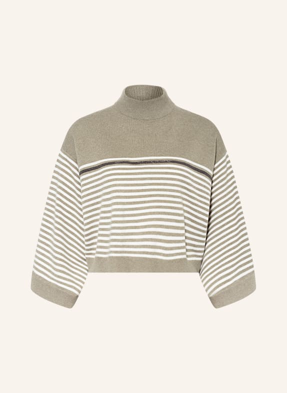BRUNELLO CUCINELLI Krótki sweter z dodatkiem kaszmiru i ozdobnymi kamykami OLIWKOWY/ ECRU