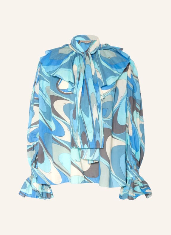 PUCCI Bow-tie blouse with frills LIGHT BLUE/ BEIGE/ TURQUOISE