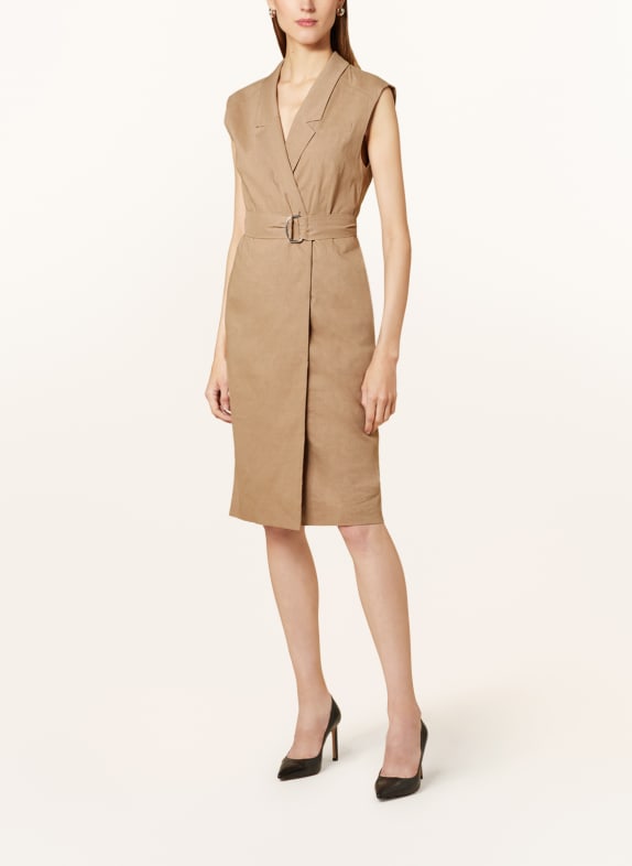 BOSS Dress DRUPE in wrap look with linen LIGHT BROWN