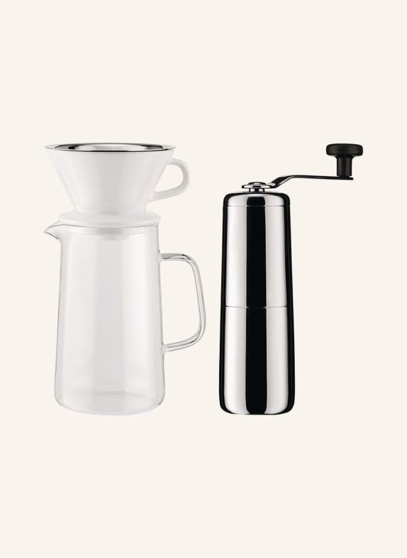 ALESSI Set SLOW COFFEE: Kaffeemühle, Karaffe und Filterhalter WEISS/ SILBER