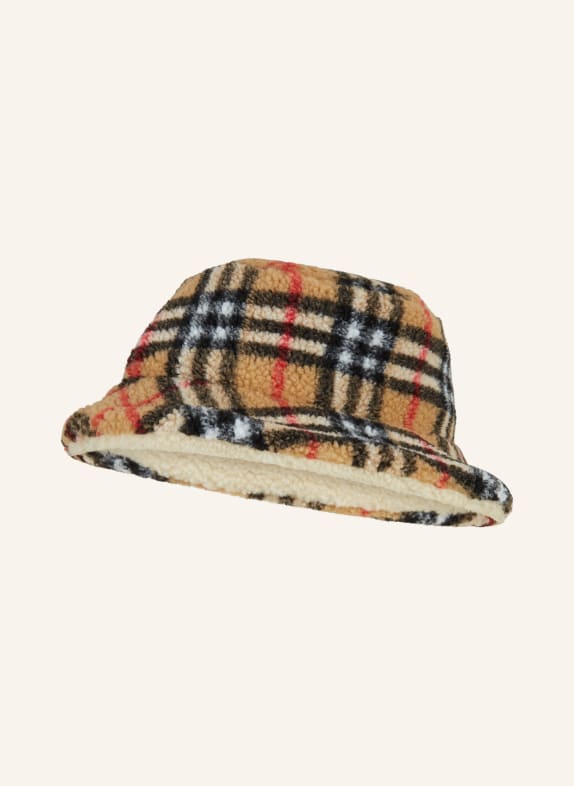 BURBERRY Bucket-Hat aus Teddyfell SCHWARZ/ BRAUN/ ROT