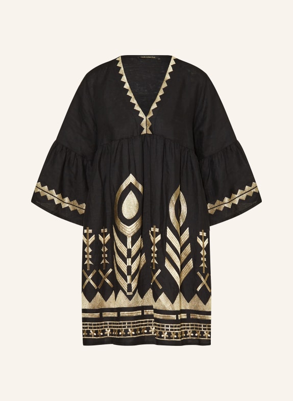 Greek Archaic Kori Beach dress FEATHER in linen with 3/4 sleeves BLACK/ GOLD