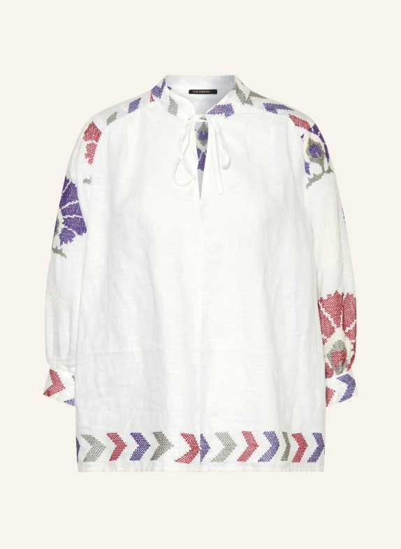 Greek Archaic Kori Shirt blouse MINI PEACOCKS in linen with 3/4 sleeves WHITE/ PURPLE/ DARK RED
