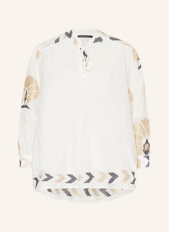 Greek Archaic Kori Shirt blouse MINI PEACOCKS in linen with 3/4 sleeves WHITE/ GOLD/ DARK BLUE
