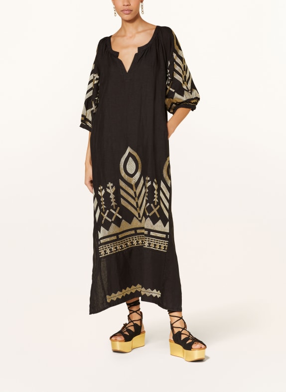 Greek Archaic Kori Beach dress FEATHER in linen with 3/4 sleeves BLACK/ GOLD
