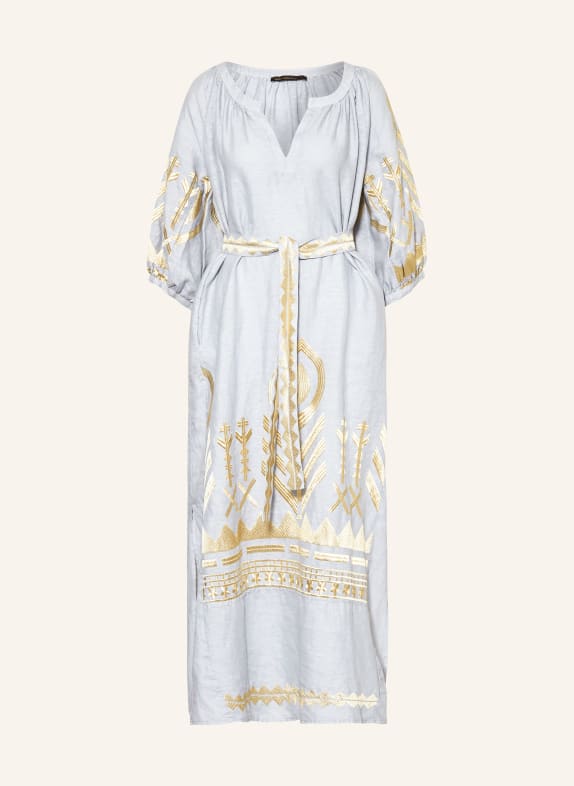 Greek Archaic Kori Beach dress FEATHER in linen with 3/4 sleeves LIGHT GRAY/ GOLD