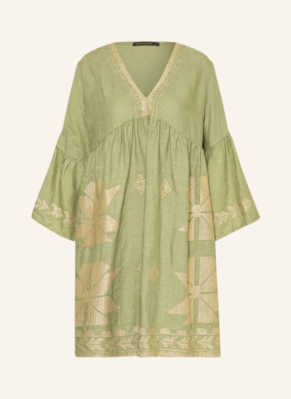 Greek Archaic Kori Beach dress AEOLIS in linen with 3/4 sleeves LIGHT GREEN/ GOLD