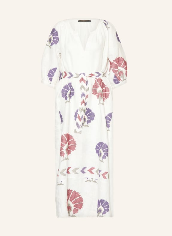 Greek Archaic Kori Beach dress MINI PEACOCKS in linen with 3/4 sleeves WHITE/ PURPLE/ DARK RED