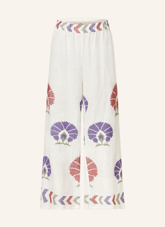 Greek Archaic Kori Linen trousers MINI PEACOCKS WHITE/ PURPLE/ DARK RED