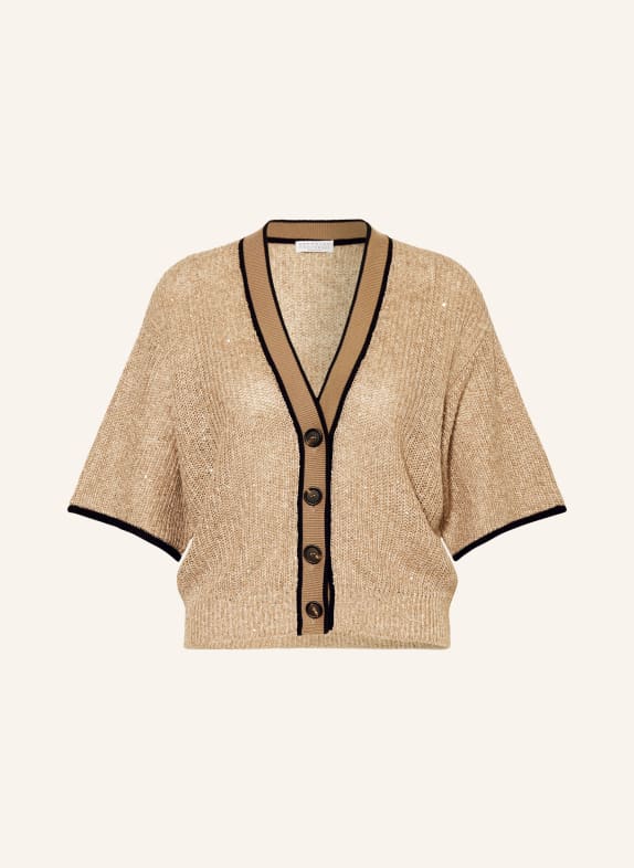 BRUNELLO CUCINELLI Cardigan made of linen with sequins CAMEL/ BLACK