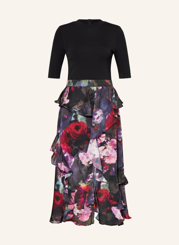 TED BAKER Sukienka ROWANA z mieszanki materiałów z wolantami CZARNY/ ZIELONY/ MOCNORÓŻOWY