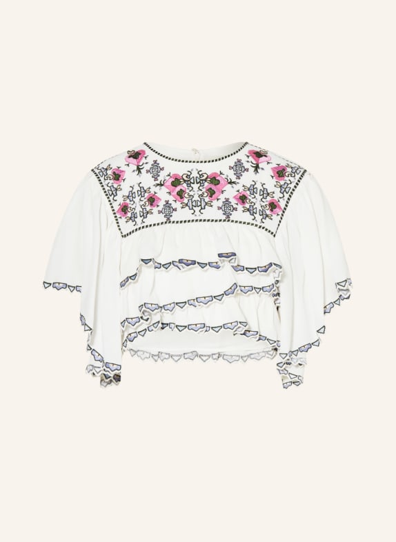 ISABEL MARANT Cropped shirt blouse SANA with ruffles and embroidery WHITE/ PURPLE/ GREEN