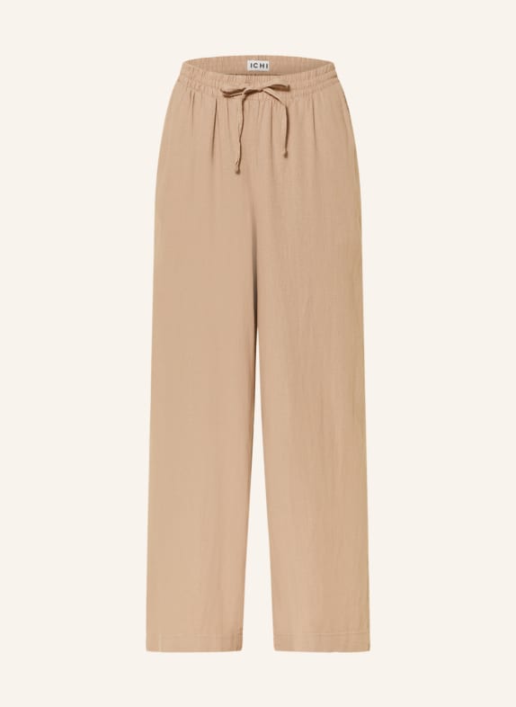 ICHI Wide leg trousers IHLINO with linen LIGHT BROWN