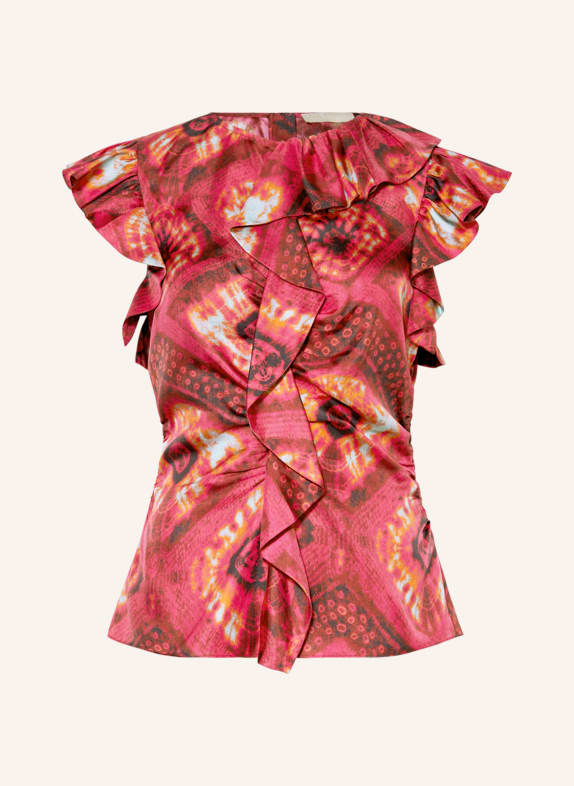 ULLA JOHNSON Blouse top VIDA made of silk with frills FUCHSIA/ DARK RED/ MINT